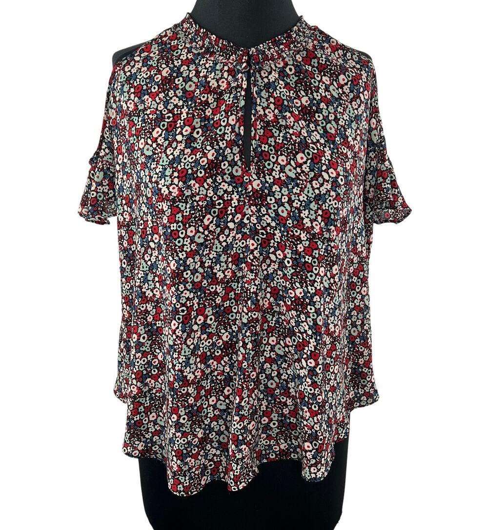 Derek Lam 10 Crosby Red Multi Ditsy Floral Keyhole Ruffle Cold Shoulder Top 10